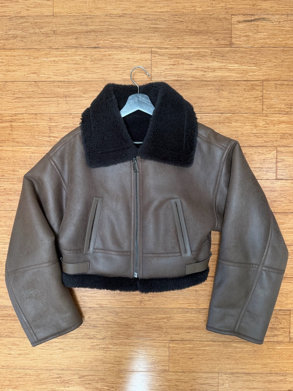 MNG by Mango Brown Faux Leather Aviator Coat with Black Shearling Collar